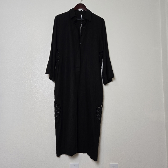 YF&B Maxi Black Dress Small Crochet Details Linen Caftan NWT Emo Whimsical Fairy - Picture 8 of 16